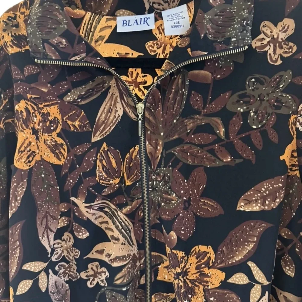 Blair Women L Brown Burnt Orange Floral Lightweight Zip Front Jacket Boho Casual